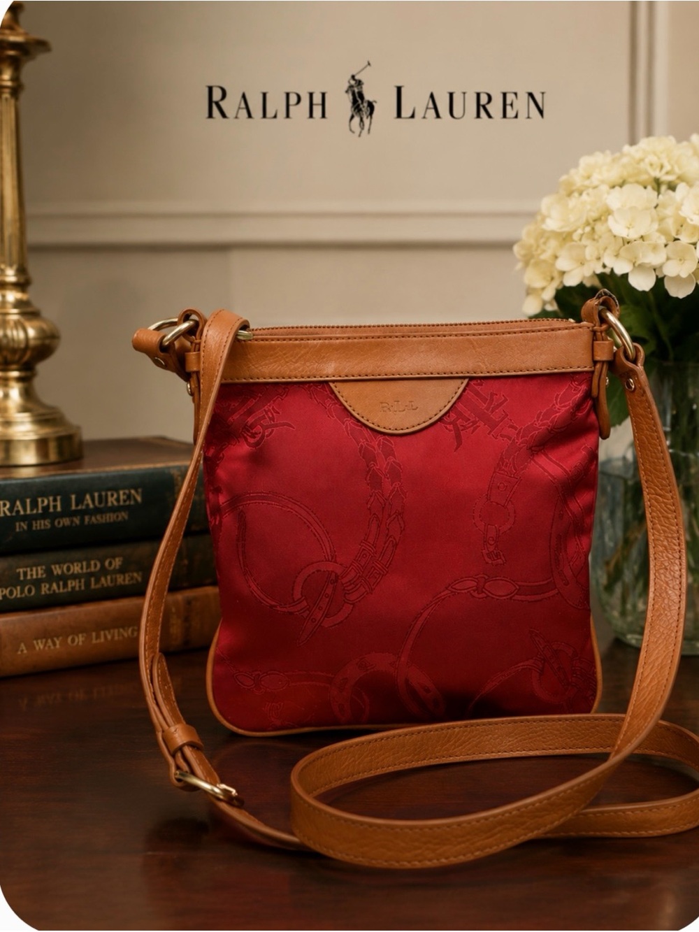 Ralph Lauren Red Nylon Crossbody with Tan Leather Trim